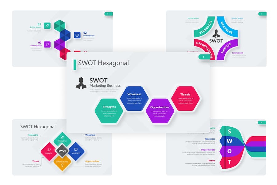 新拟态风格彩色SWOT分析图形keynote模板 - PPT派 新拟态风格彩色SWOT分析图形keynote模板 - PPT派