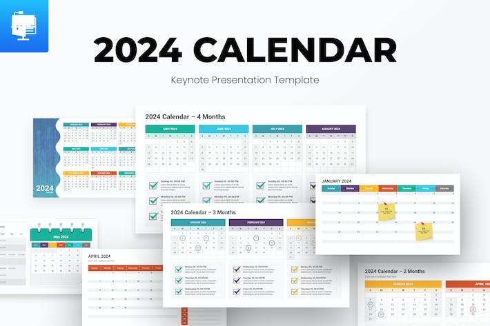 创意彩色多种样式2024新年日历keynote模板 - PPT派