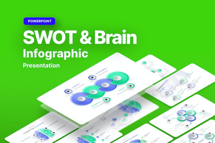 SWOT分析大脑图形PowerPoint模板 - PPT派
