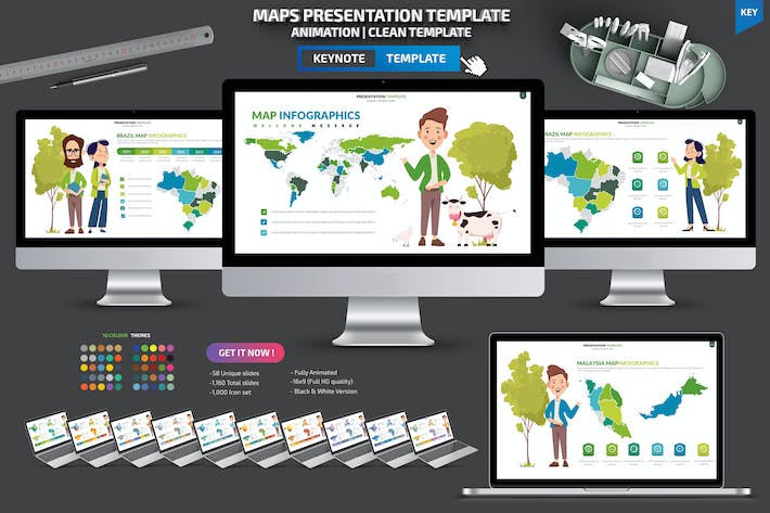 卡通人物插画世界国家地图keynote模板 - PPT派